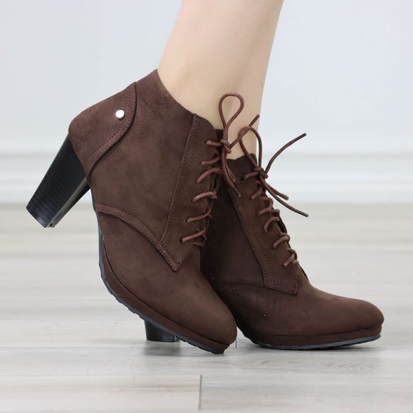 Womens Ankle Boots Lace Up Block Heel Booties Brown Faux Suede - Picture 11 of 11